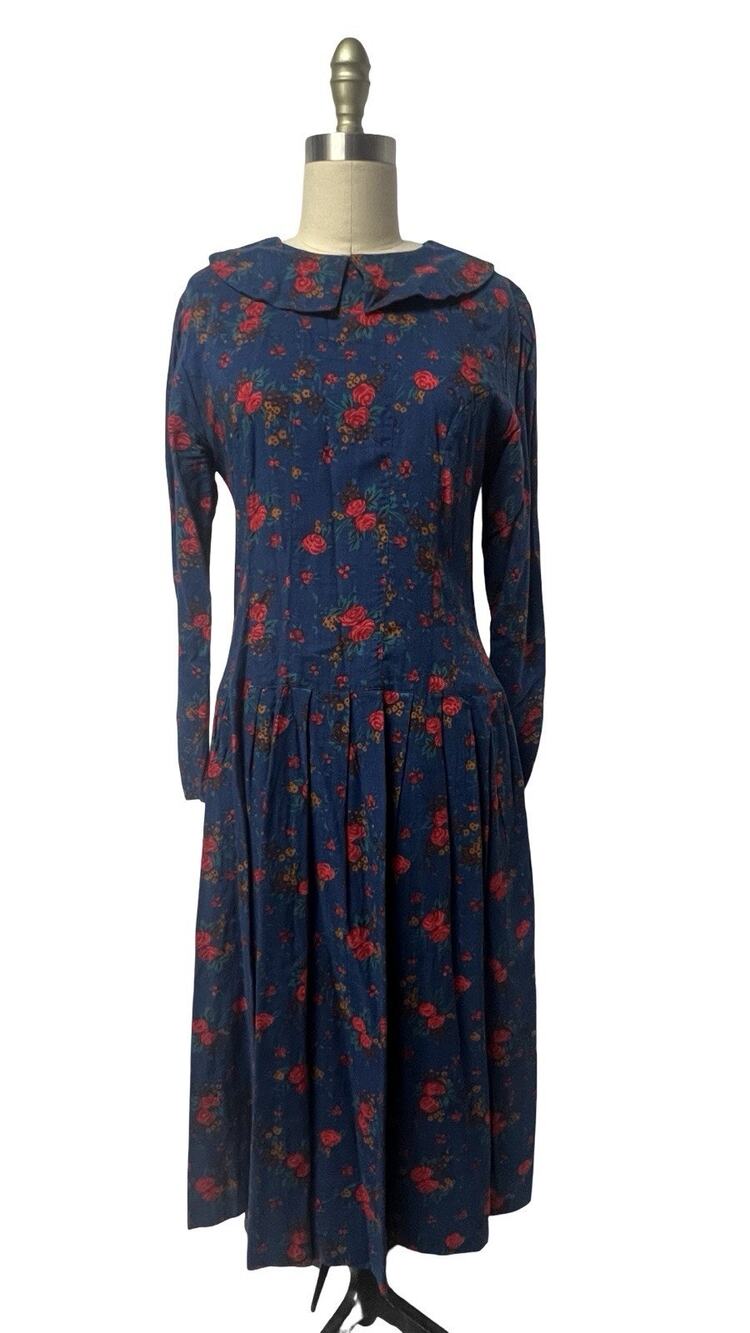 VTG Modest Peter Pan Collar Drop Waist Prairie Cottagecore Roses Floral Dress S